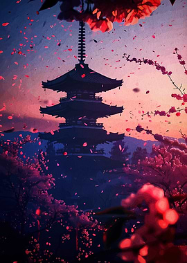 Japanese Pagoda with Cherry Blossoms