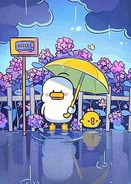 Duck and Chick in Rainy Weather