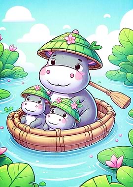 Hippos in a Boat Cartoon