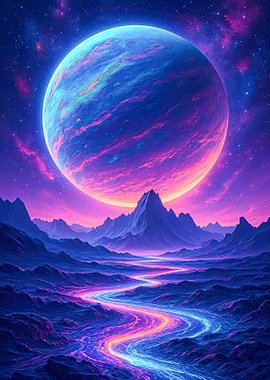 Fantasy Surreal Planet Landscape with Glowing River