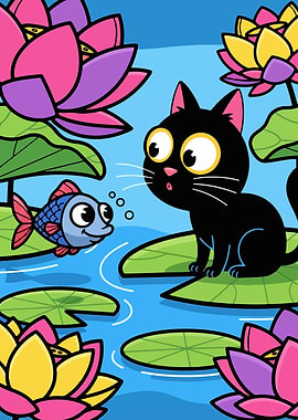 Cartoon Cat and Fish in Pond