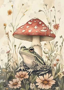 Frog and Mushroom Watercolor Illustration