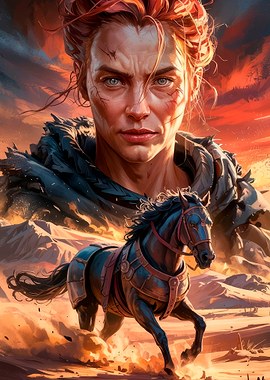 Warrior Woman and Horse in Desert