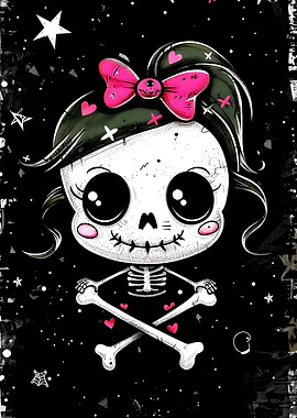 Skull and Bone Cute Skeleton Girl with Pink Bow
