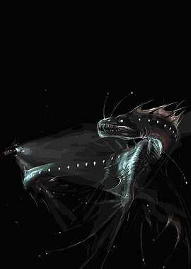 Anglerfish and Submarine in Dark Ocean