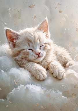 Sleeping White Kitten on Clouds