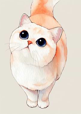 Watercolor Cat with Big Blue Eyes