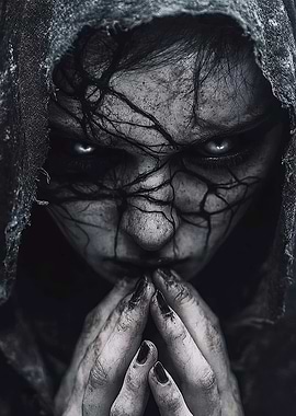 Eerie Hooded Figure with Cracked Skin