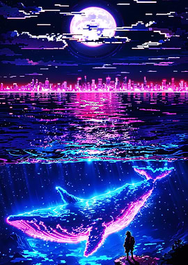Bioluminescent Whale Under Moonlight - Neon Ocean Fantasy