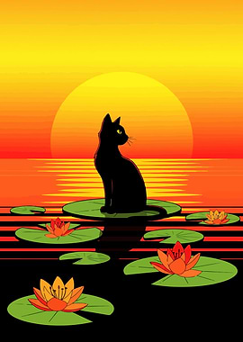 Black Cat on Lily Pad Sunset