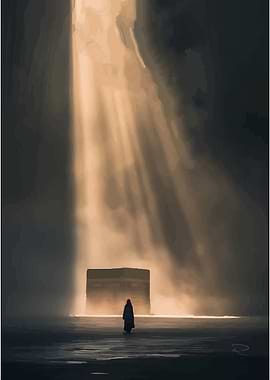 Kaaba with Light Rays and Person