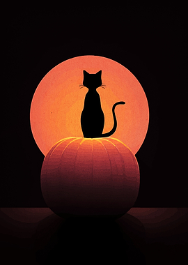 Halloween Cat on Pumpkin Silhouette