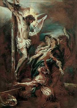 Crucifixion painting with mourning figures