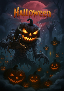 Spooky Halloween Pumpkin Monster in Graveyard