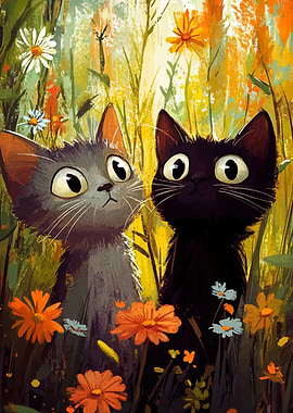 Two Cats in a Flower Field
