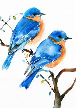 Two Bluebirds Watercolor Painting