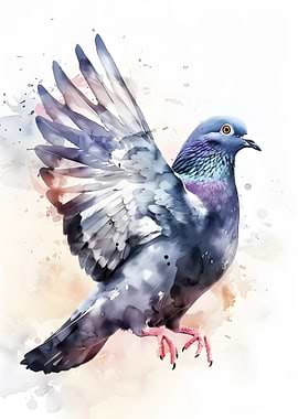 Watercolor Pigeon with Open Wings