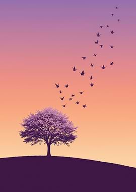 Tree with Origami Cranes at Sunset