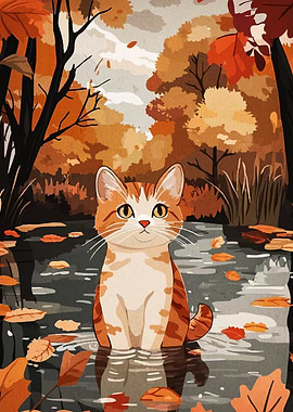 Autumn Cat in Stream Illustration