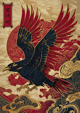 Raven in Flight with Japanese Art Style