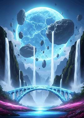 Fantasy Landscape with Bridge and Waterfalls