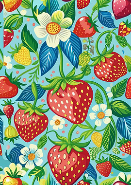 Strawberry and Flower Pattern on Blue