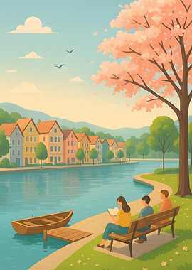 Peaceful riverside scene with people relaxing