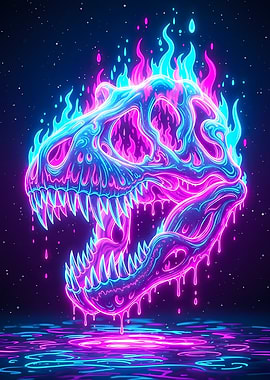 Neon Dinosaur Skull with Flames
