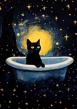 Black Cat in Bathtub Starry Night