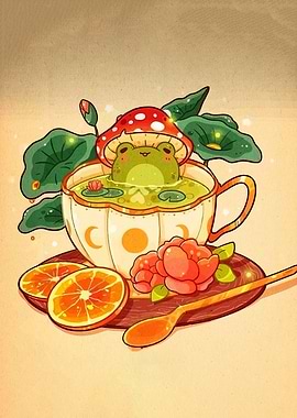 Frog in Teacup with Mushroom Hat