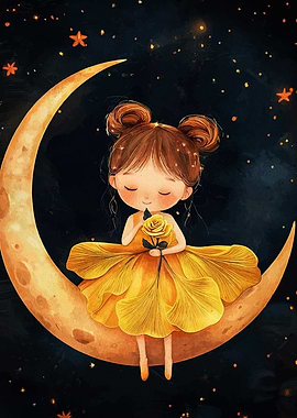 Girl on the Moon with Yellow Rose