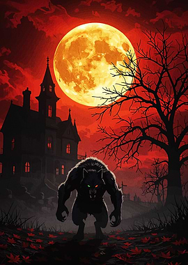 Werewolf in front of haunted house