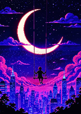 Moon Swing - Dreamy Crescent Moon Cityscape - synthwave