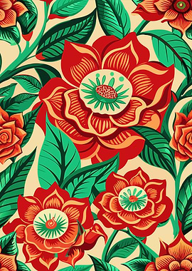 Floral Pattern with Red and Green
