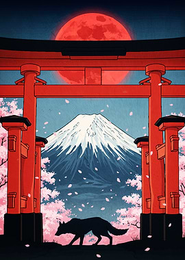 Japanese Landscape Torii Gate Wolf