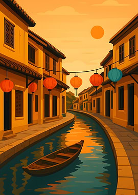 Hoi An Canal Scene with Lanterns