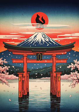 Japanese Landscape Torii Gate Wolf