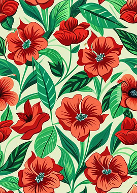 Floral Pattern with Red Flowers and Leaves