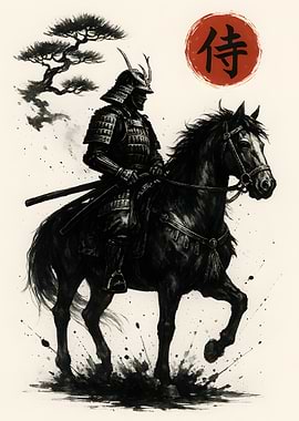 Samurai Warrior on Horseback Ink Painting