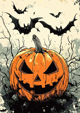 Halloween Pumpkin with Bats Illustration
