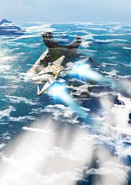 Futuristic Spaceship Flying Over Island