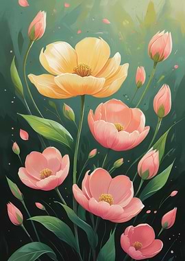 Floral Painting with Pink and Yellow Flowers