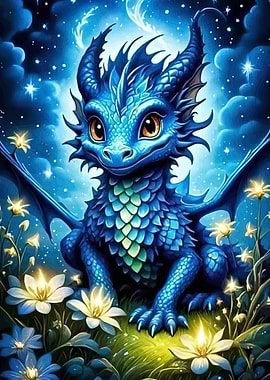 Cute Blue Dragon Floral Meadow