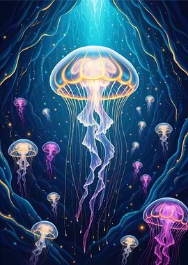 Glowing Jellyfish in Deep Blue Sea