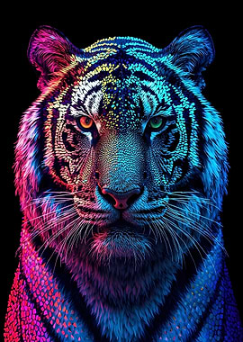 Colorful Tiger Portrait on Black Background