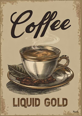 Retro Coffee Vintage Liquid Gold Cup Wall Art