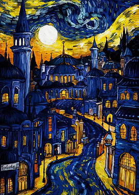 Starry Night Cityscape Painting