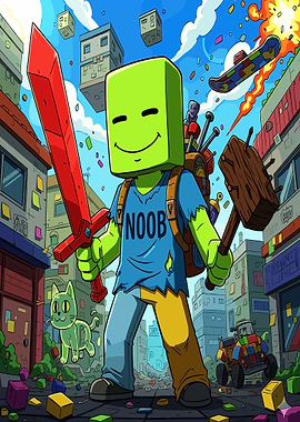 Cartoon Noob Character in Cityscape