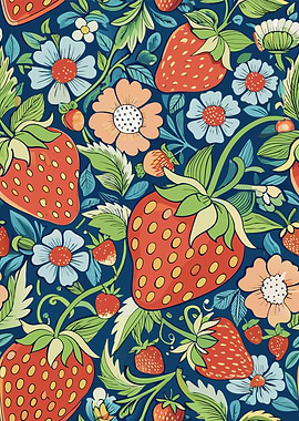 Strawberry and Floral Pattern on Blue