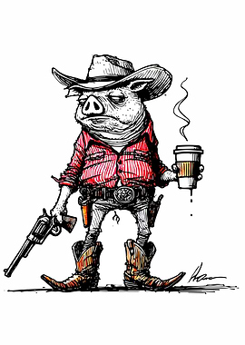 Cowboy Pig with Coffee and Gun